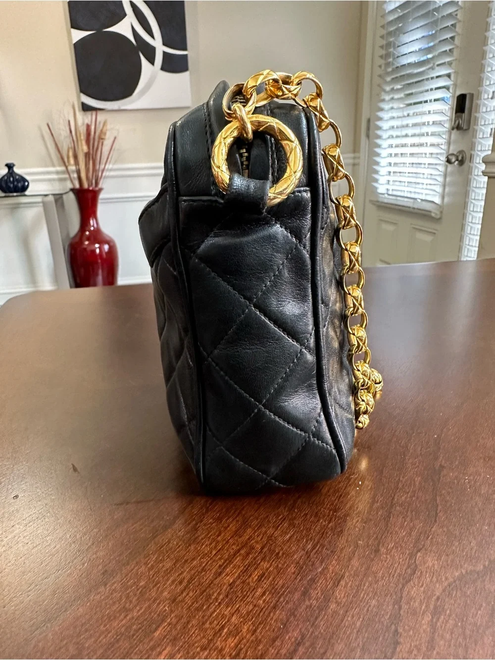 CHANEL Black Quilted Lambskin Shoulder Camera Bag with Gold Chain